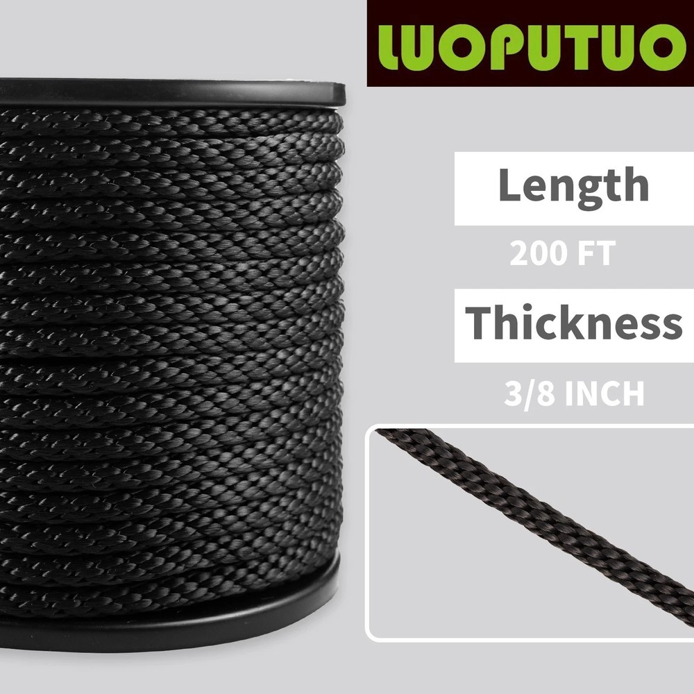 3/8 200'' Black Polyester Solid Braid Rope Outdoor Mooring Rope