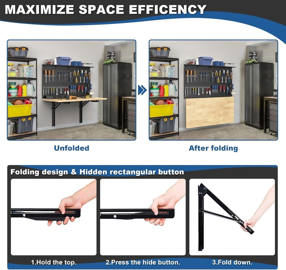 Wall Mounted Workbench with Pegboard, Folding Down Work Table Metal Pegboard ...