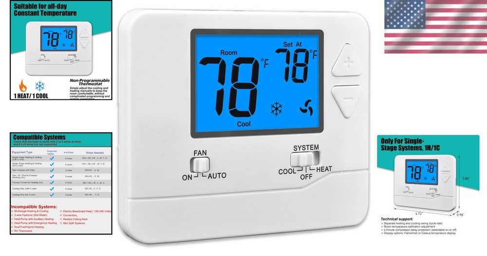 Non-Programmable LCD Thermostat with Blue Backlight for Easy Temperature Control