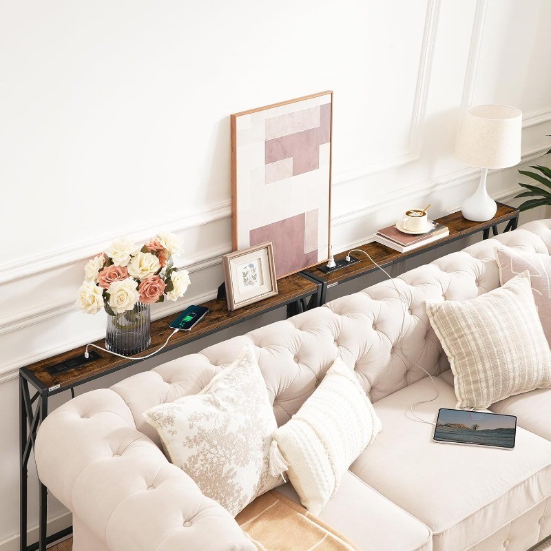 Narrow Sofa Table with Charging Station, 2 Pack Skinny Console Table, Slim