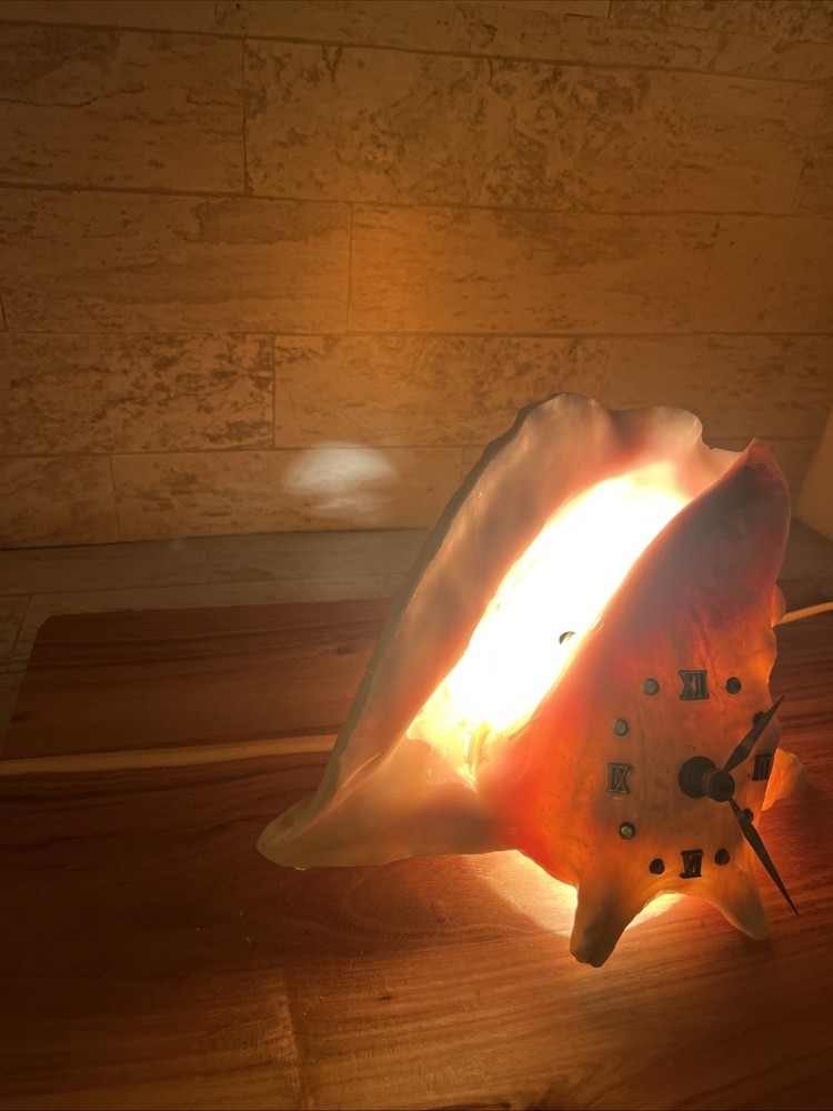 Vintage Polished Conch Shell Sea Shell Lighted Mantle Table Clock - Works - EUC
