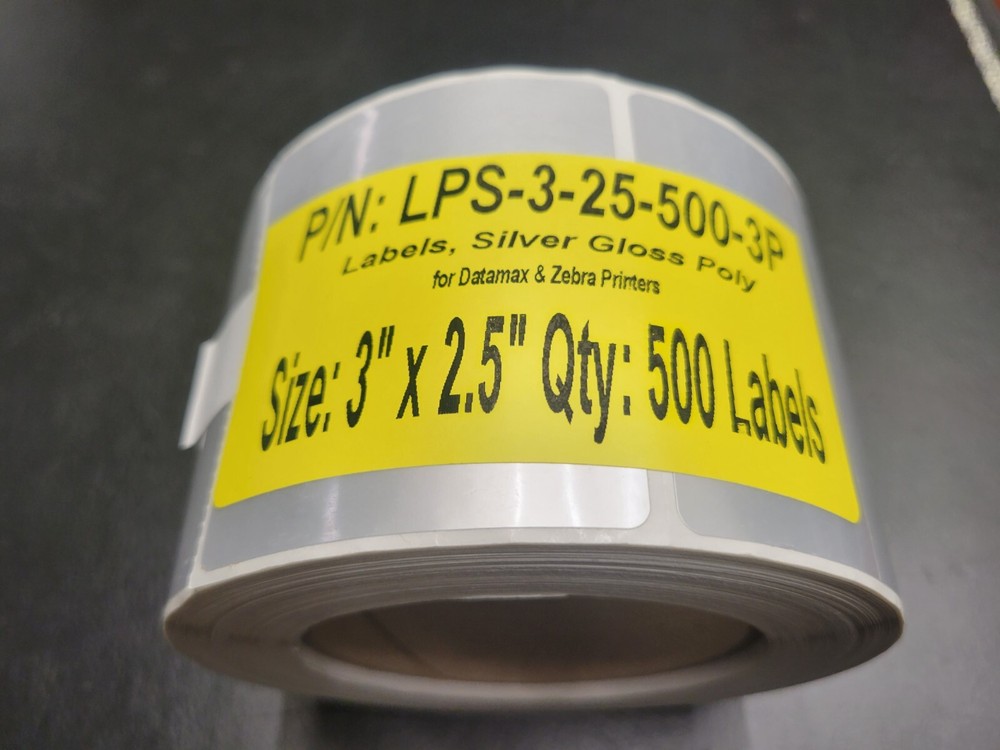 Silver Polyester Mylar Thermal Printer label roll,3" x 2.5",3" core,perf,qty 500