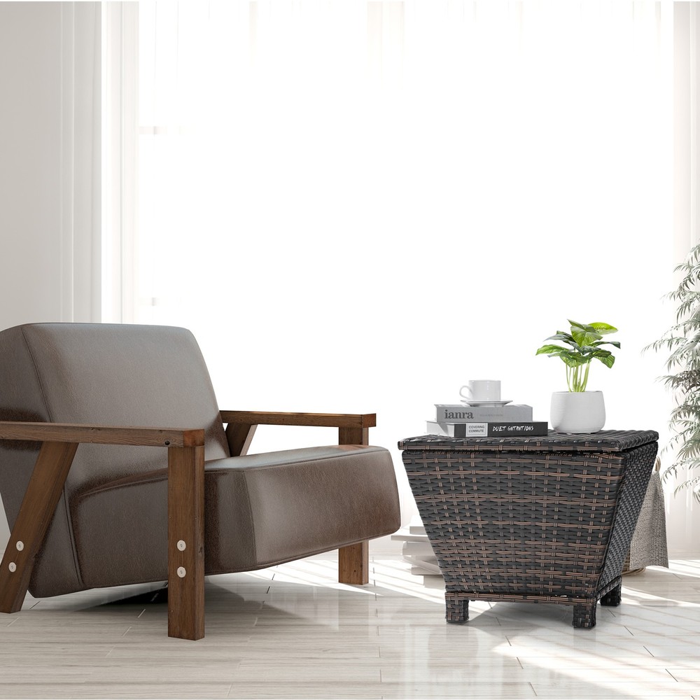 Outdoor PE Wicker Side Table with Storage, Small Patio Storage Bin Container