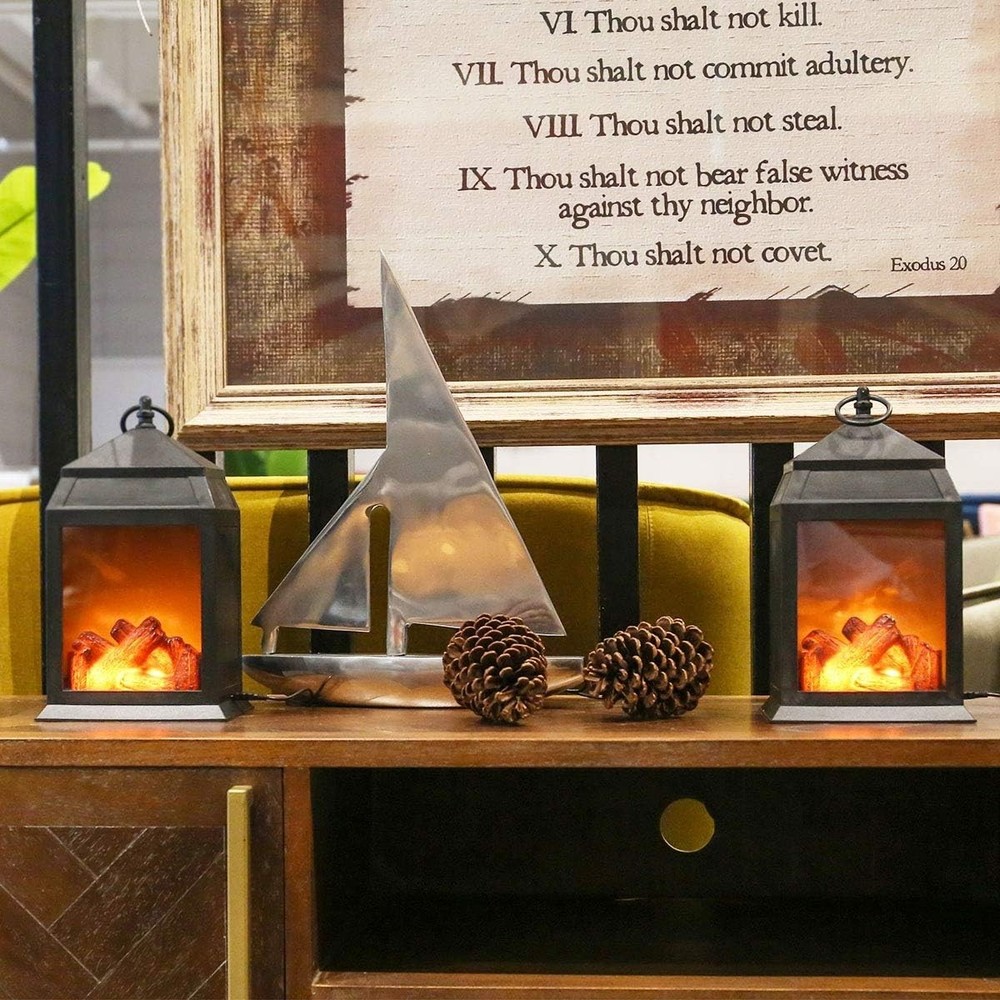 Black Tabletop Fireplace Lantern, Realistic Flame, Timer, USB/Battery, Indoor...