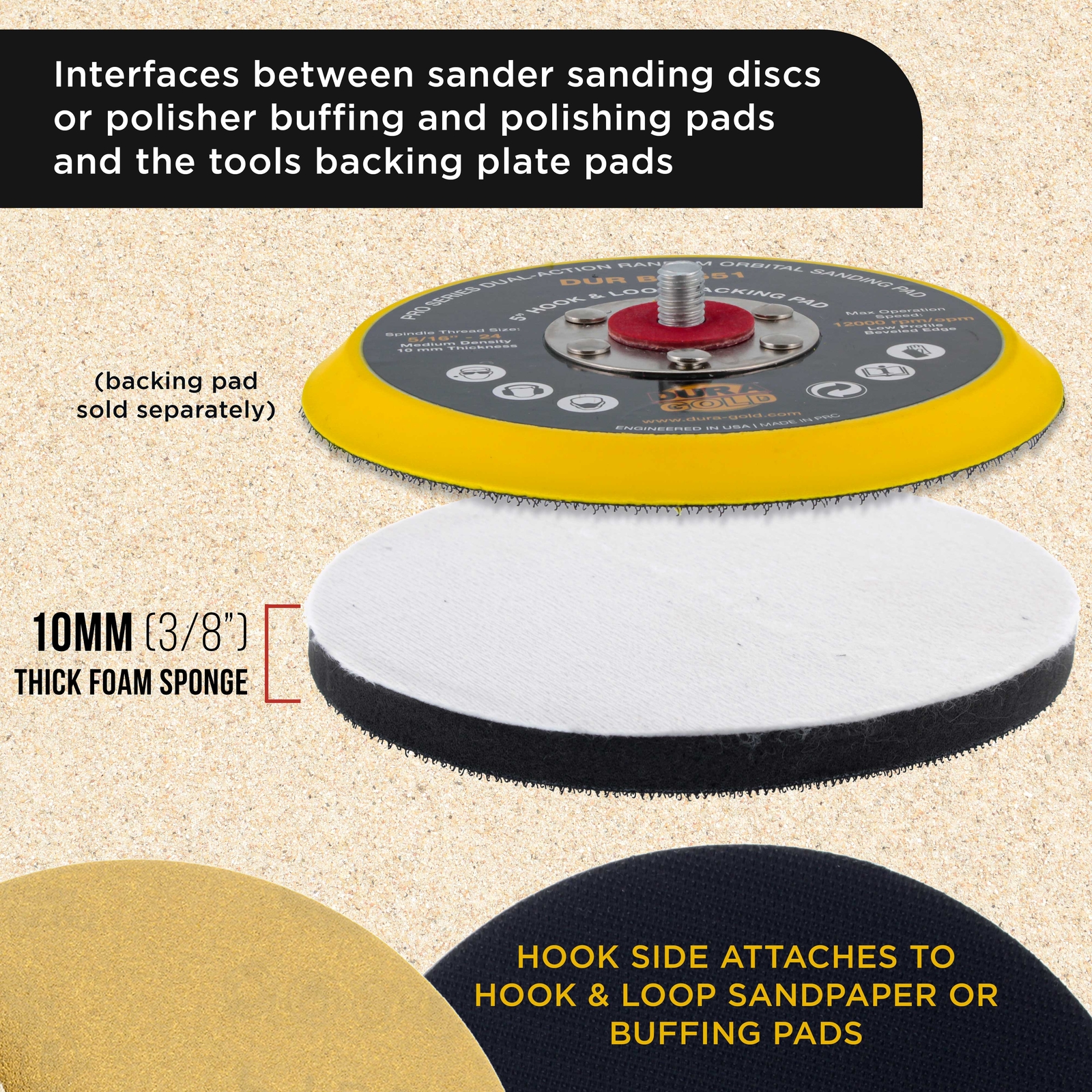 2 Dura-Gold 5" x 10mm Soft Density Interface Pads For Hook & Loop Sander Discs
