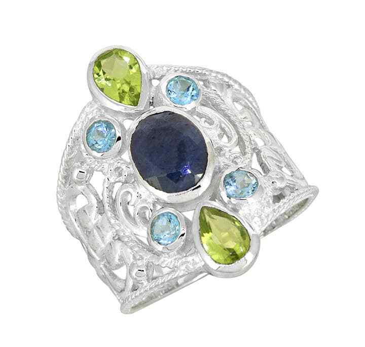 Corundum Sapphire Peridot 925 Sterling Silver Statement Ring