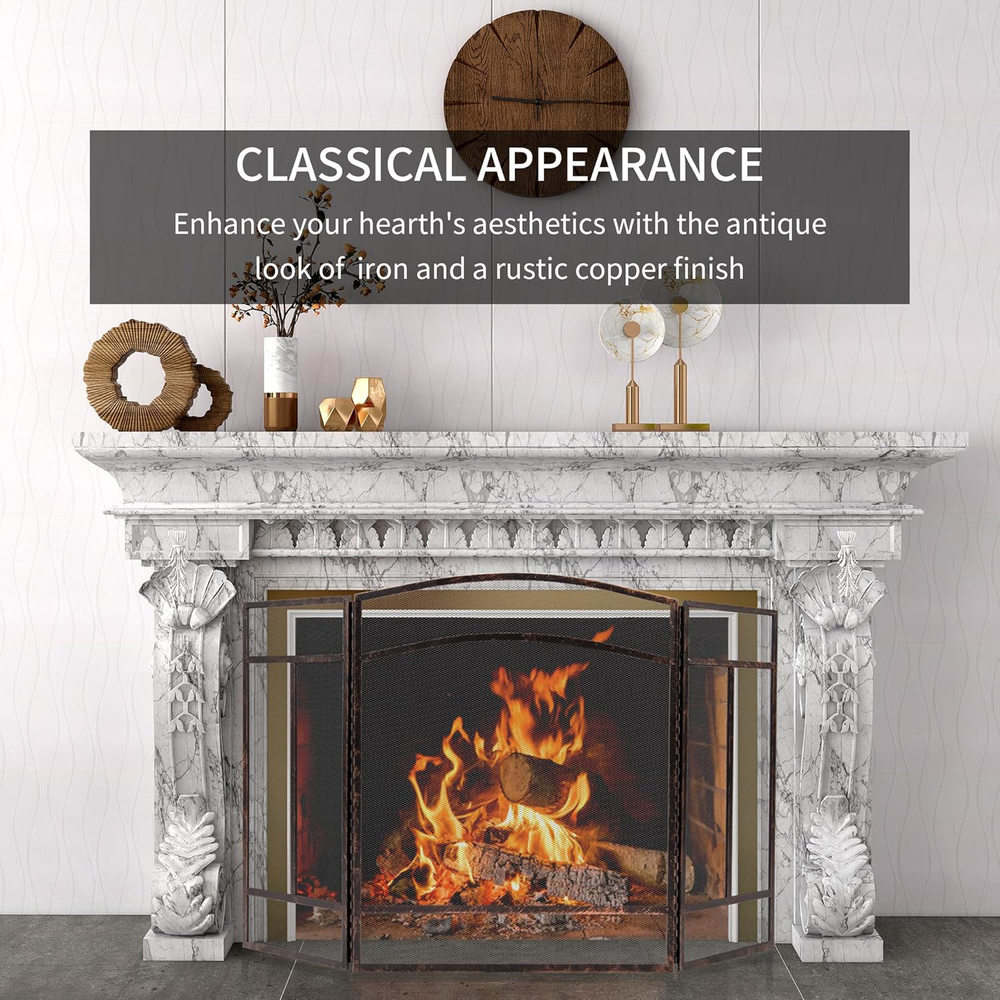 Wrought Iron 3 Panel Fireplace Screen 48" x 29" Spark Guard Brushed Copper