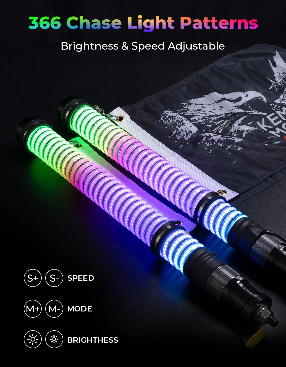 2PCS COB 2FT Fat Whip Lights Spiral Chasing Lighted for Can-Am Polaris UTV ATV