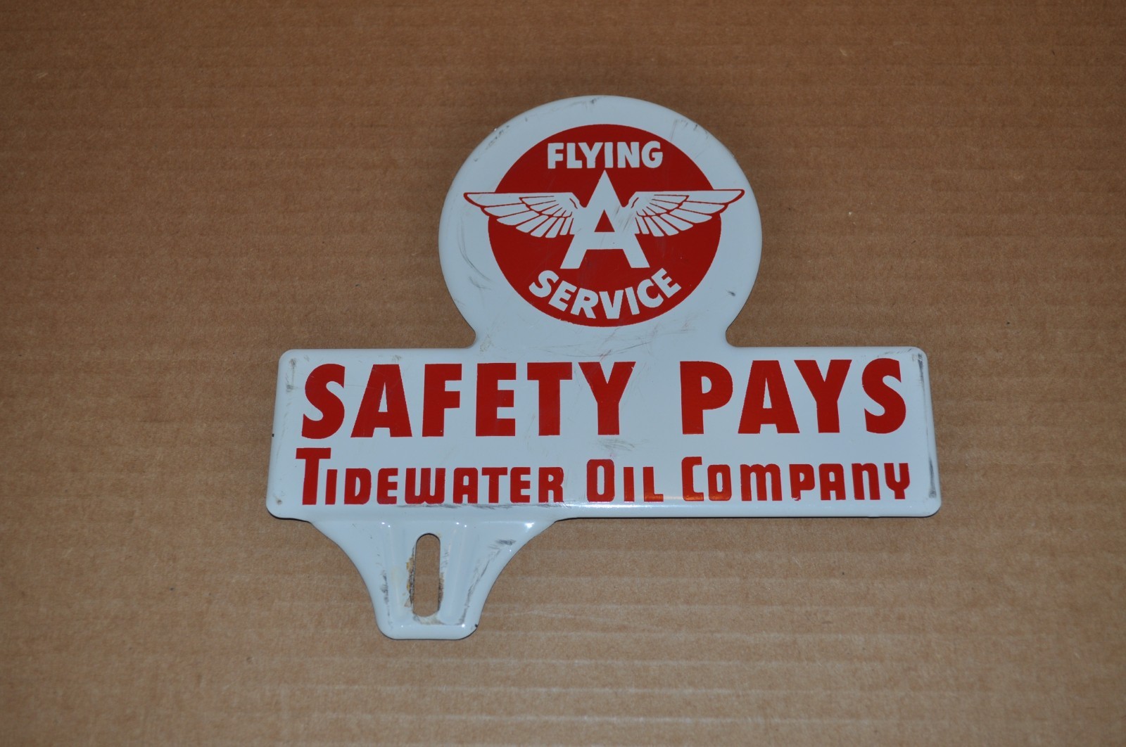 Original Tidewater Oil Company Flying A Service Gasoline License Plate Topper