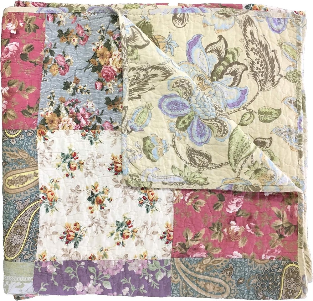 Full Size Cotton Floral Throw Blanket - Quilted Patchwork Design for Home Decor