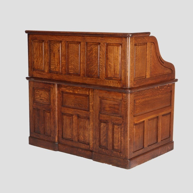 Derby Oak Raised Panel S-Roll Top Desk with Carved Pulls c1920