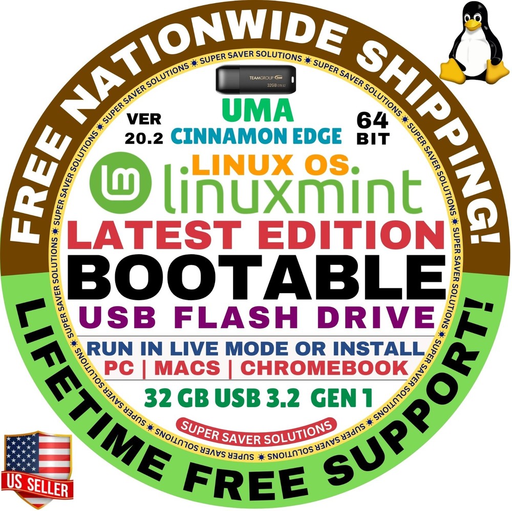 Linux MINT 20.2 USB UMA Cinnamon Edge 64-Bit Live Boot, Full Install MAC, PC