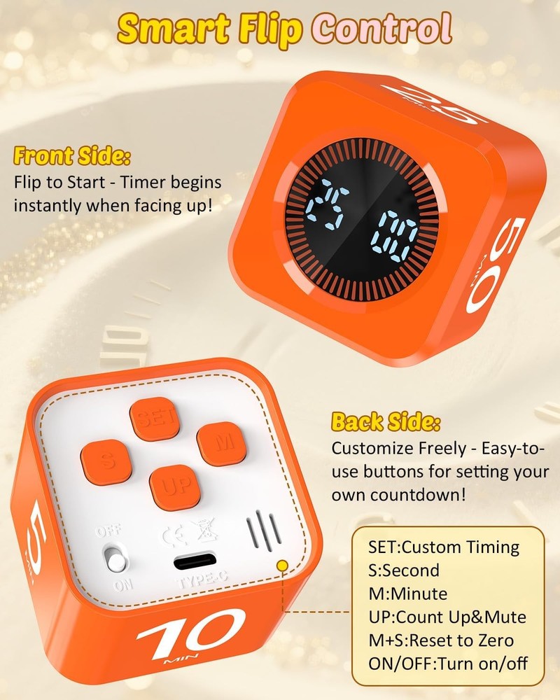 Digital Pomodoro Timer Cube 5/10/25/50min, Visual Productivity Flip Timer for Ki