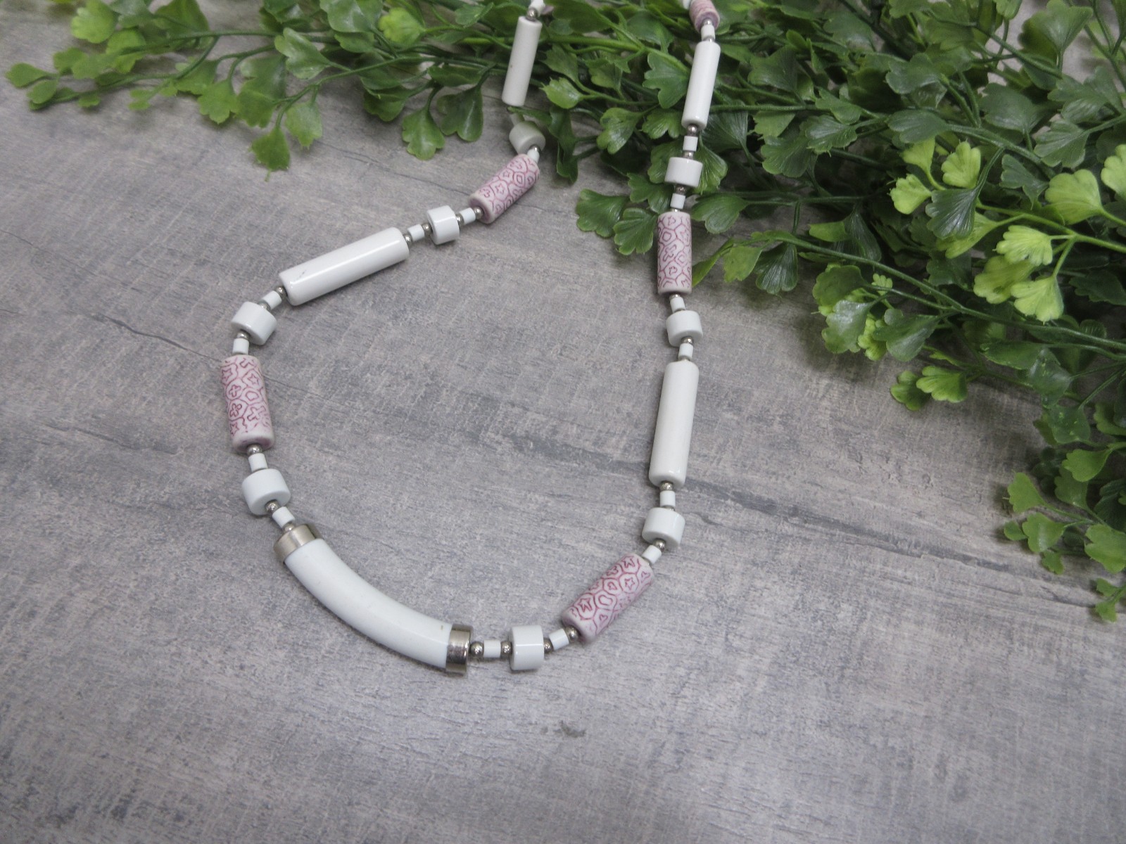 Ceramic Beads Necklace White Pink 24 Inches Native American Inspired Design