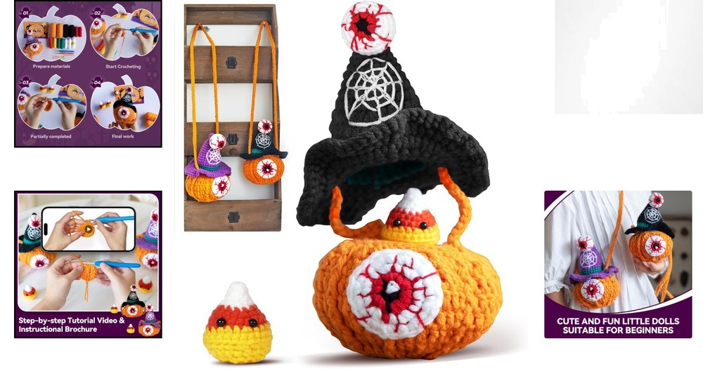 All-in-One Beginner Crochet Kit: Pumpkin Candy Bag with Video Tutorials - Per...