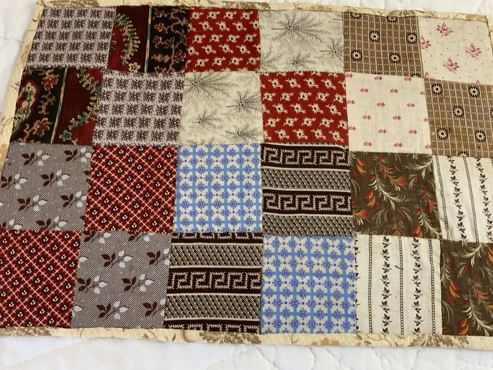 Antique Vintage Patchwork Quilt Table Topper, Four Patch, Early Calicos, Brown