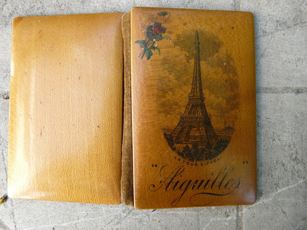 FRENCH MAUCHLINE WARE WOODEN NEEDLE CASE EIFFEL TOWER