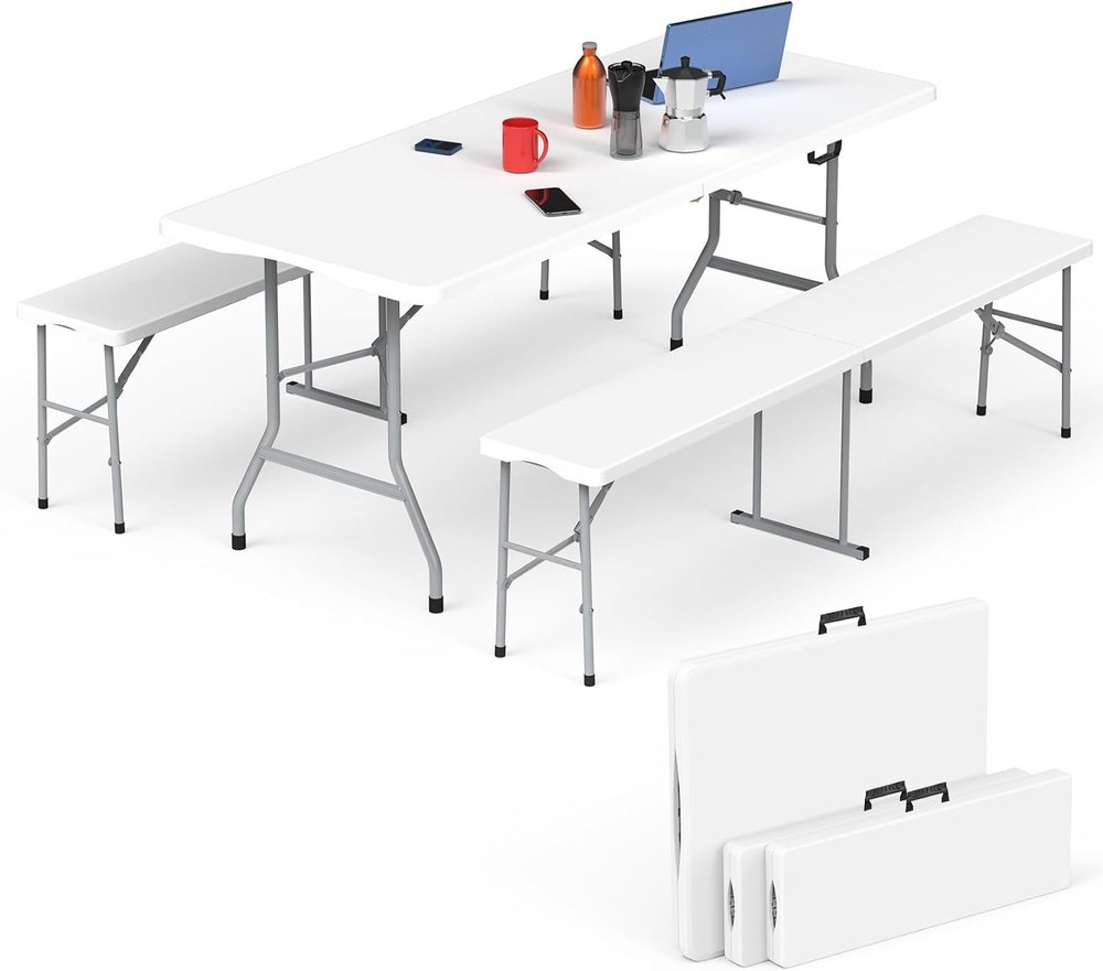 HLPB Folding Table Picnic Table Set 6ft with 2 Benches