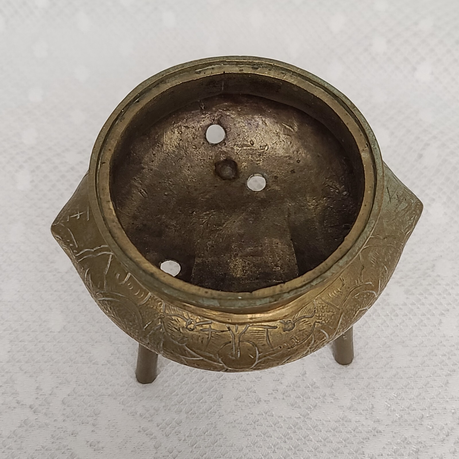 Vintage Antique Chinese Bronze Brass Stamped Incense Burner Bowl Dish Set/Pair 2