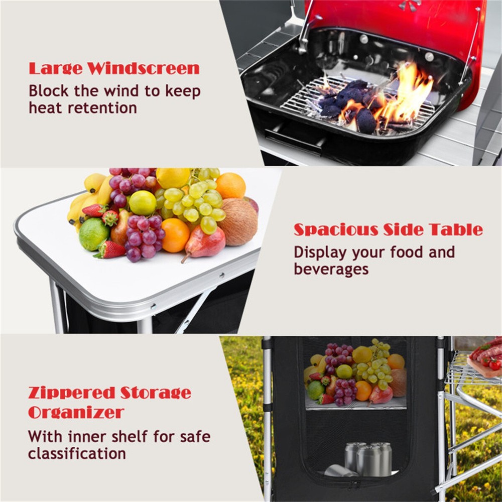Foldable Camping Kitchen with 2-sided Windshield Pockets
