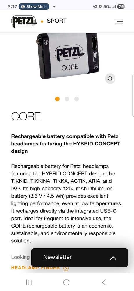 Petzl Core MICRO-USB Rechargeable Headlamp Lithium Hydrid Battery System E99ACA