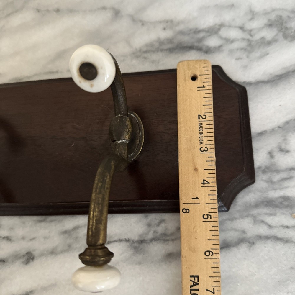 VTG Large Antique Solid Wood Wall Coat Hang Three Brass Hooks Porcelain Knobs