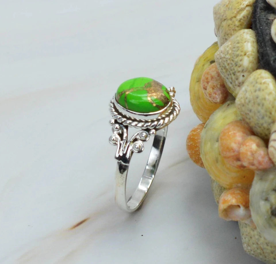 Green Copper Turquoise Gemstone Ring Solid 925 Sterling Silver Designer Ring MK*