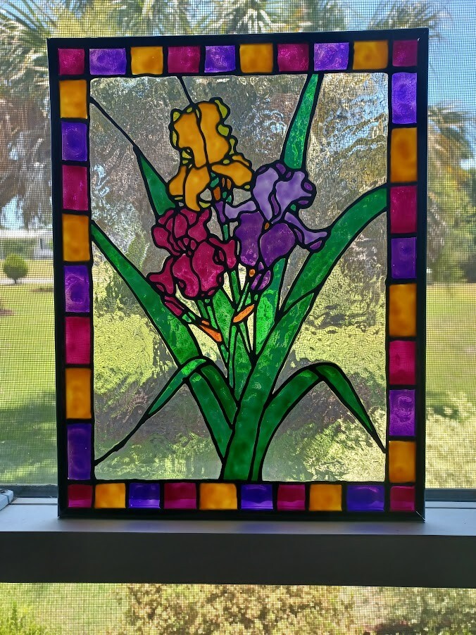 Irises Stained Glass Window Panel Hand Painted