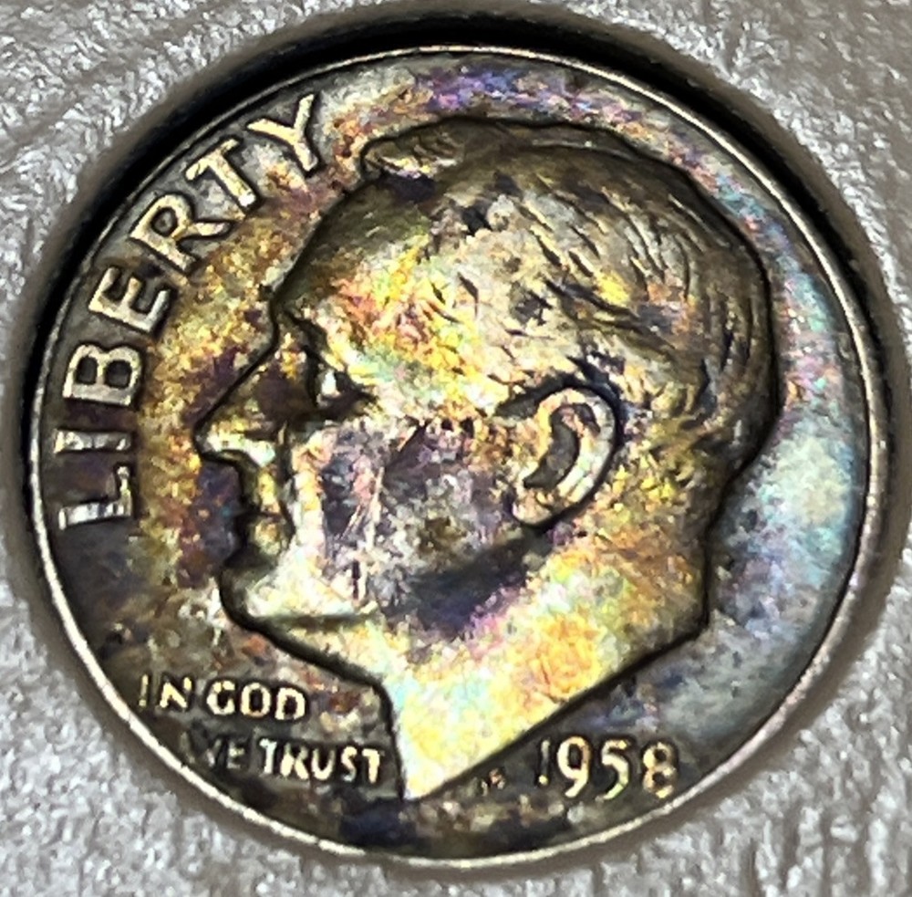 1958 D Roosevelt Silver Dime Slight Rotary Error Rainbow Toning Both Sides