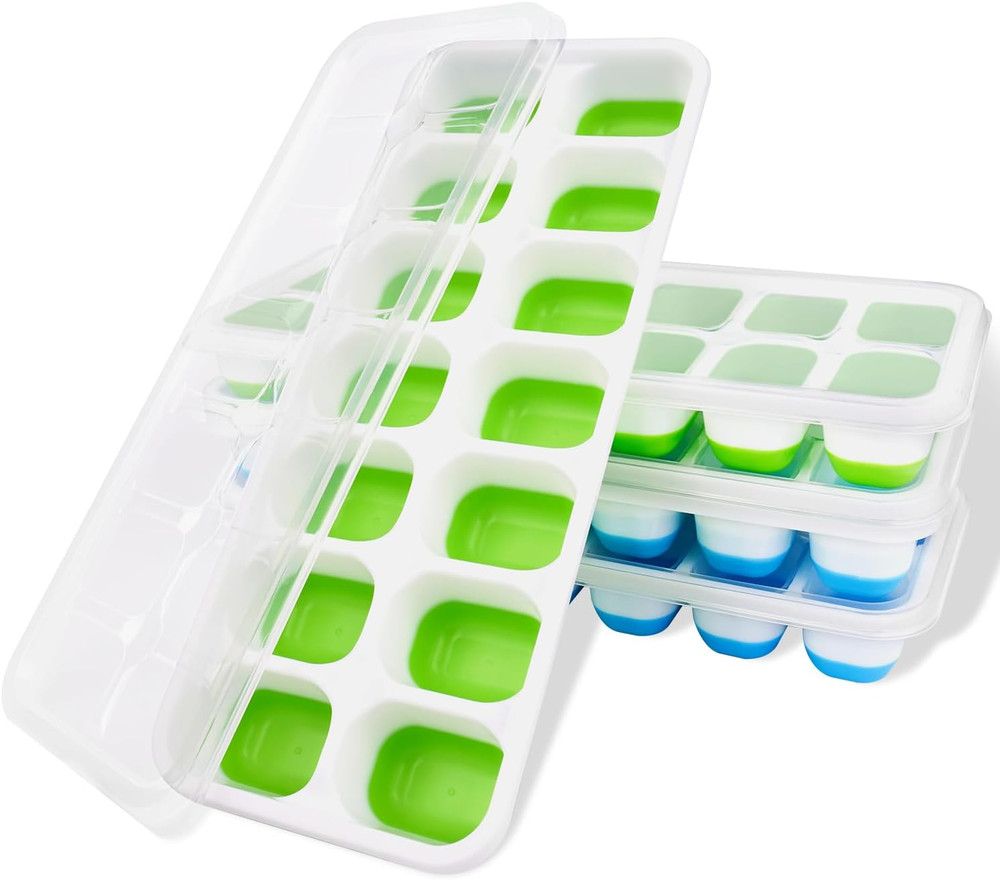 Ice Cube Trays Silicone 2 Pack & Lid Easy Release Stackable BPA Free Durable