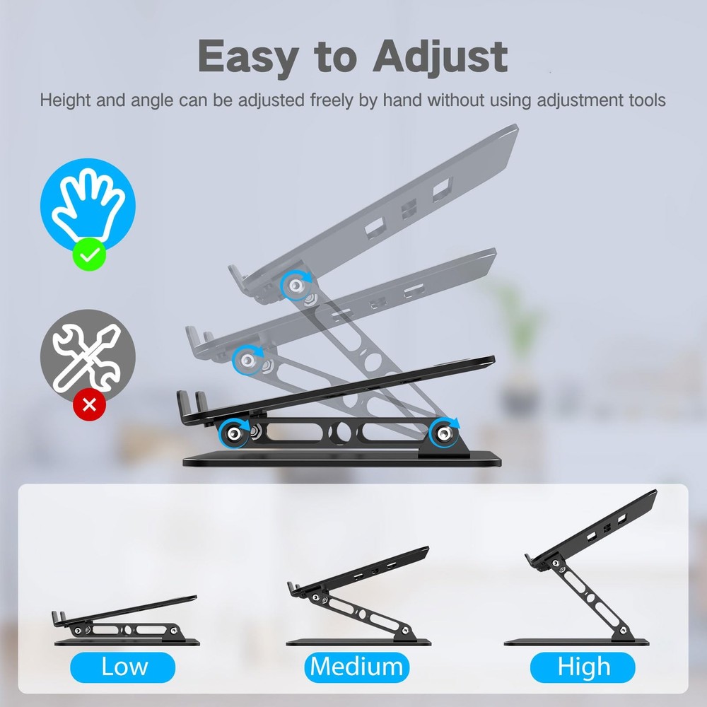 Gogoonike Adjustable Laptop Stand for Desk, Metal Foldable Riser Black