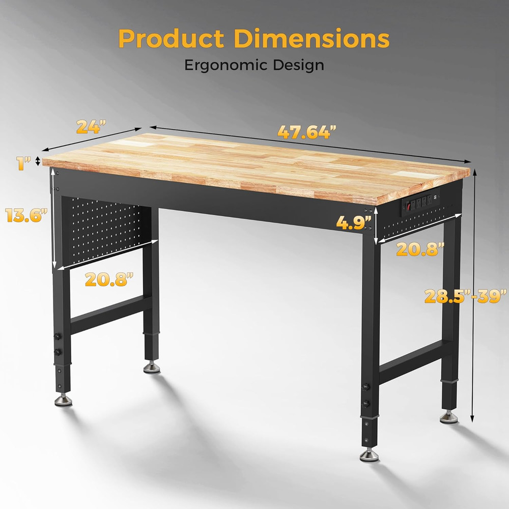 47.64" Adjustable Heavy Duty Workbench, 2000 LBS Load Capacity Rubber Wood Work