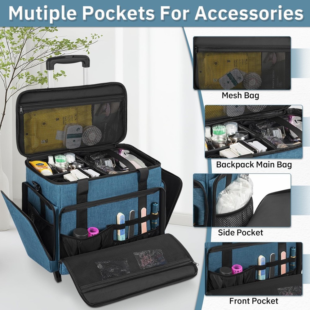 Extra Large Rolling Makeup Case with 4 Removable Pouches，Professional Make up...