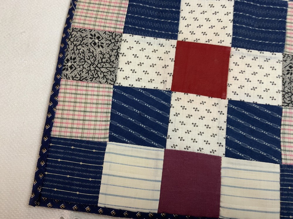 Antique Vintage Patchwork Quilt Table Topper Or Doll Quilt, Nine Patch, Red Navy
