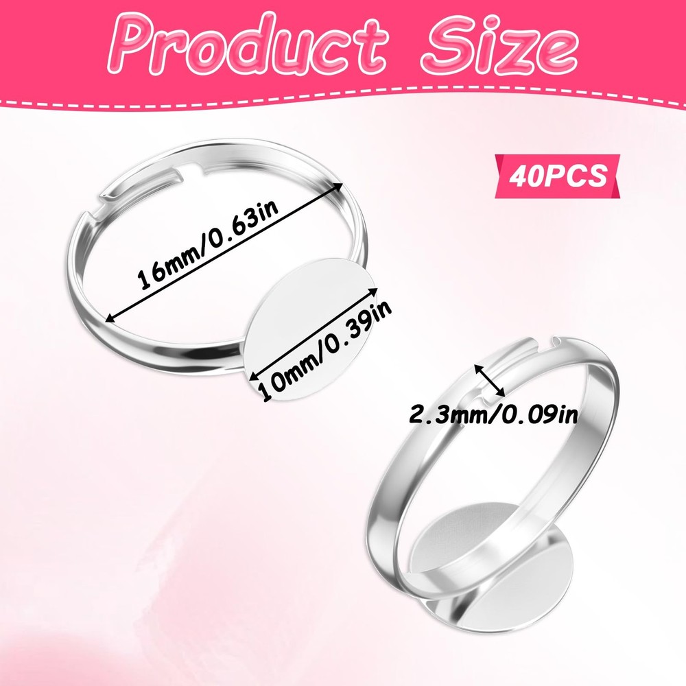 Ring Settings Base Adjustable Silver 40 Pcs 10mm Flat Round Pad Metal DIY