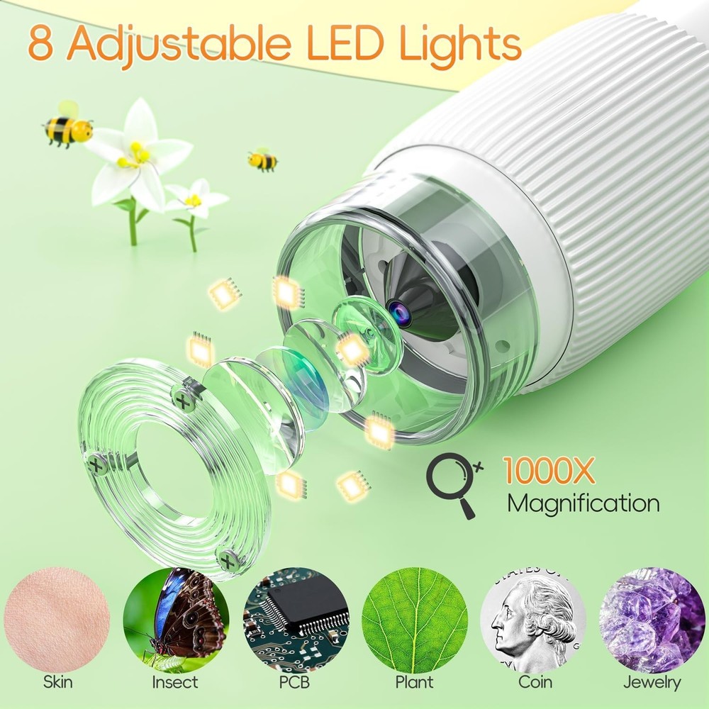 Handheld Mini Microscope for Kids - 1000X with LED Lights & USB Compatibility