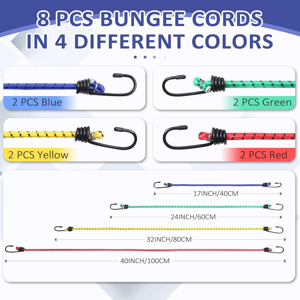8 Pack Bungee Cords with Hooks,Elastic Bungee Straps,Includes 40",32", 24", 16",