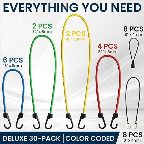 (30 Pack) Durable, Long Lasting - Assorted Bungee Cords with Hooks Heavy Duty