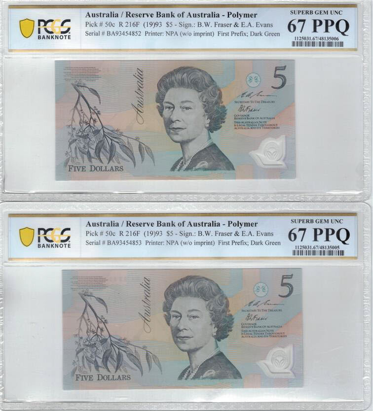 Consecutive Pair First Prefix BA93 1993 Fraser Evans $5 Banknotes PCGS 67