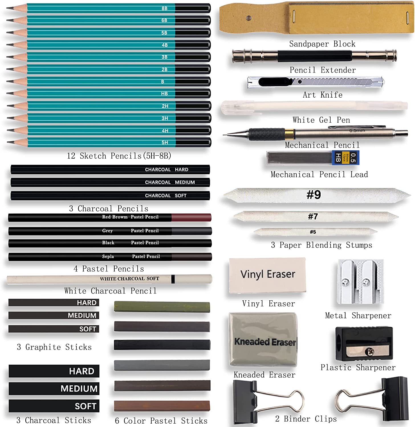 50 pcs Professional Drawing Artist Kit Set Pencils and Sketch Charcoal Art & Bag