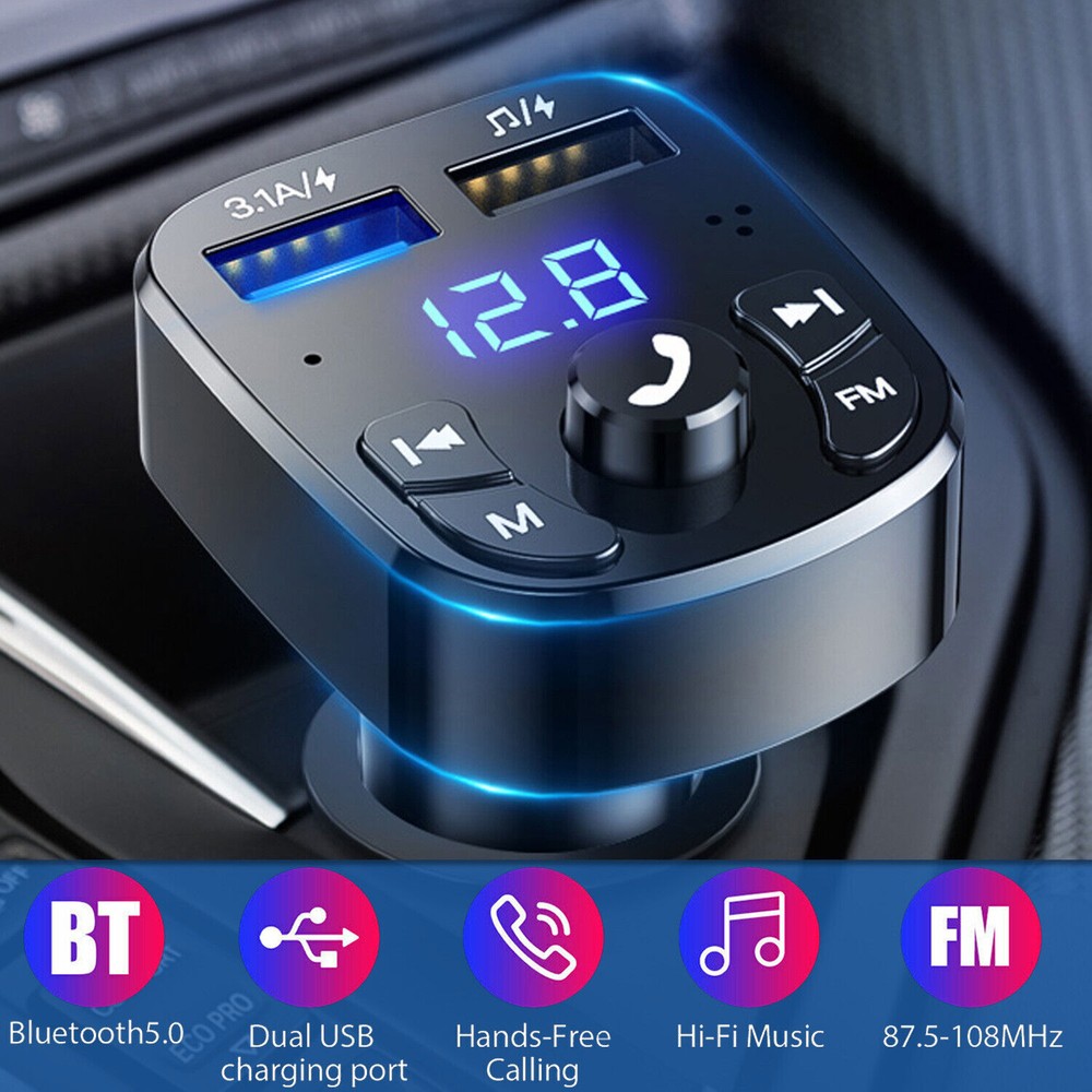 2PCS Bluetooth 5.0 Car Wireless FM Transmitter Adapter 2USB PD Charger AUX Hands