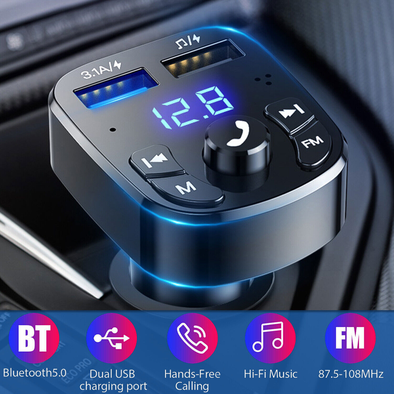 Bluetooth 5.0 Car Wireless FM Transmitter Adapter 2USB PD Charger AUX Hands-Free