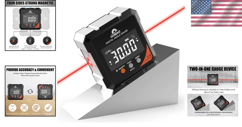 Precision Magnetic Digital Angle Finder with Laser - Rechargeable, Compact Tool
