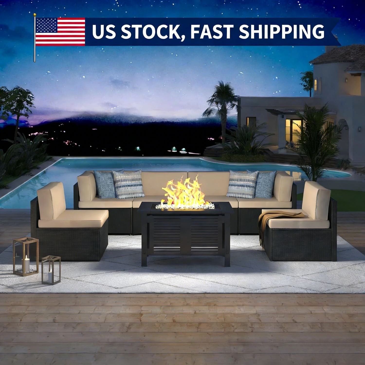 8 Piece Outdoor Patio Furniture Set with Fire Pit Table, Tea Table and Cushions
