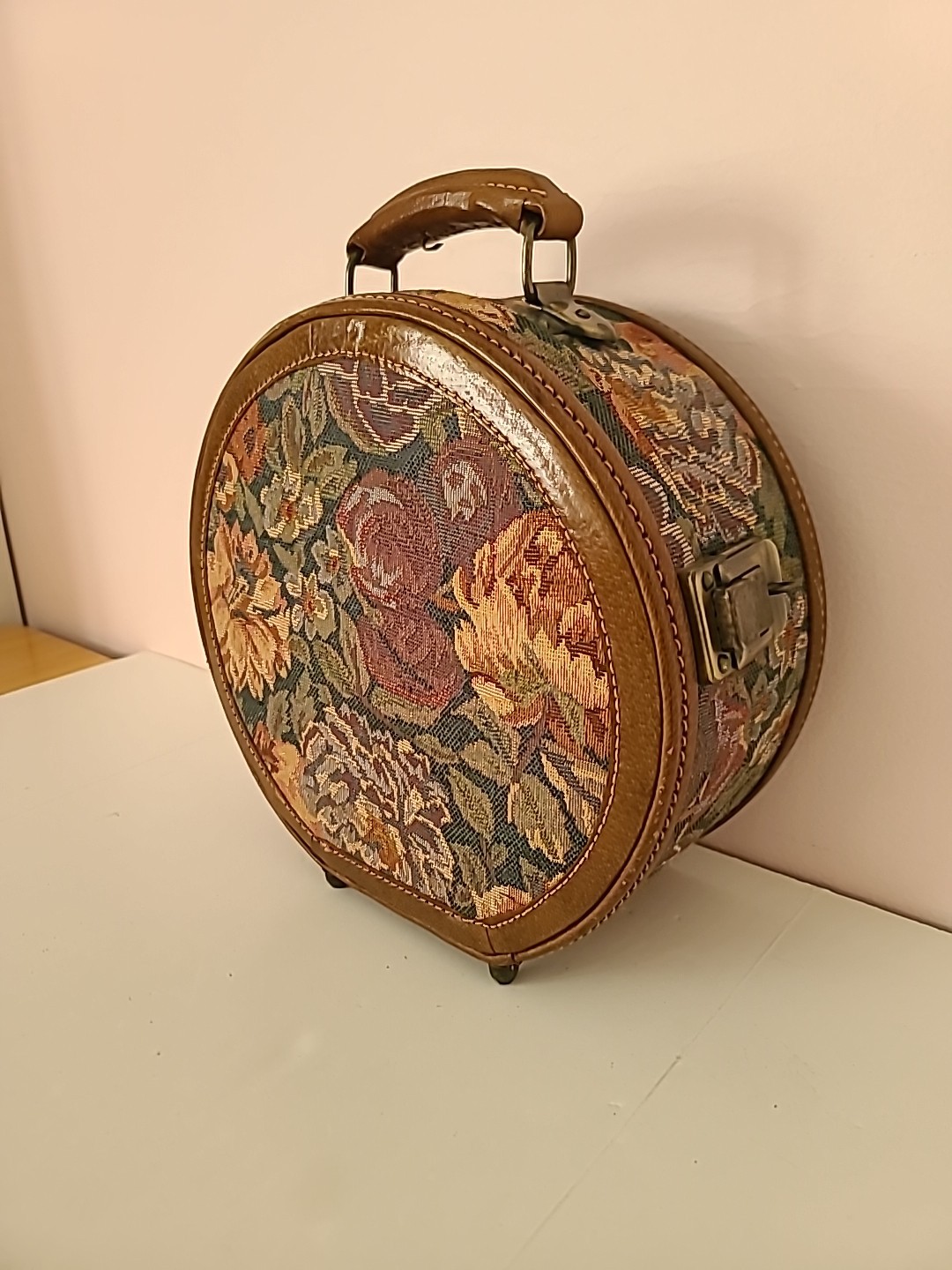 Floral Tapestry Round Train Case Vintage Travel Storage