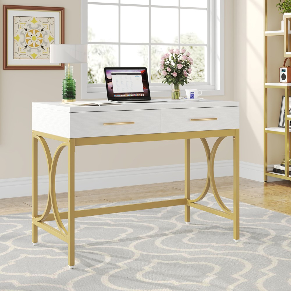 41" White Computer Desk with 2 Drawers, Modern Study Writing Desk with Storage