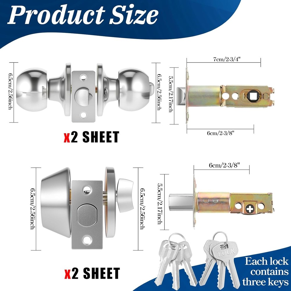 2 Sets Entry Door Knob Dead Bolt Level Locks Combo Set Silver