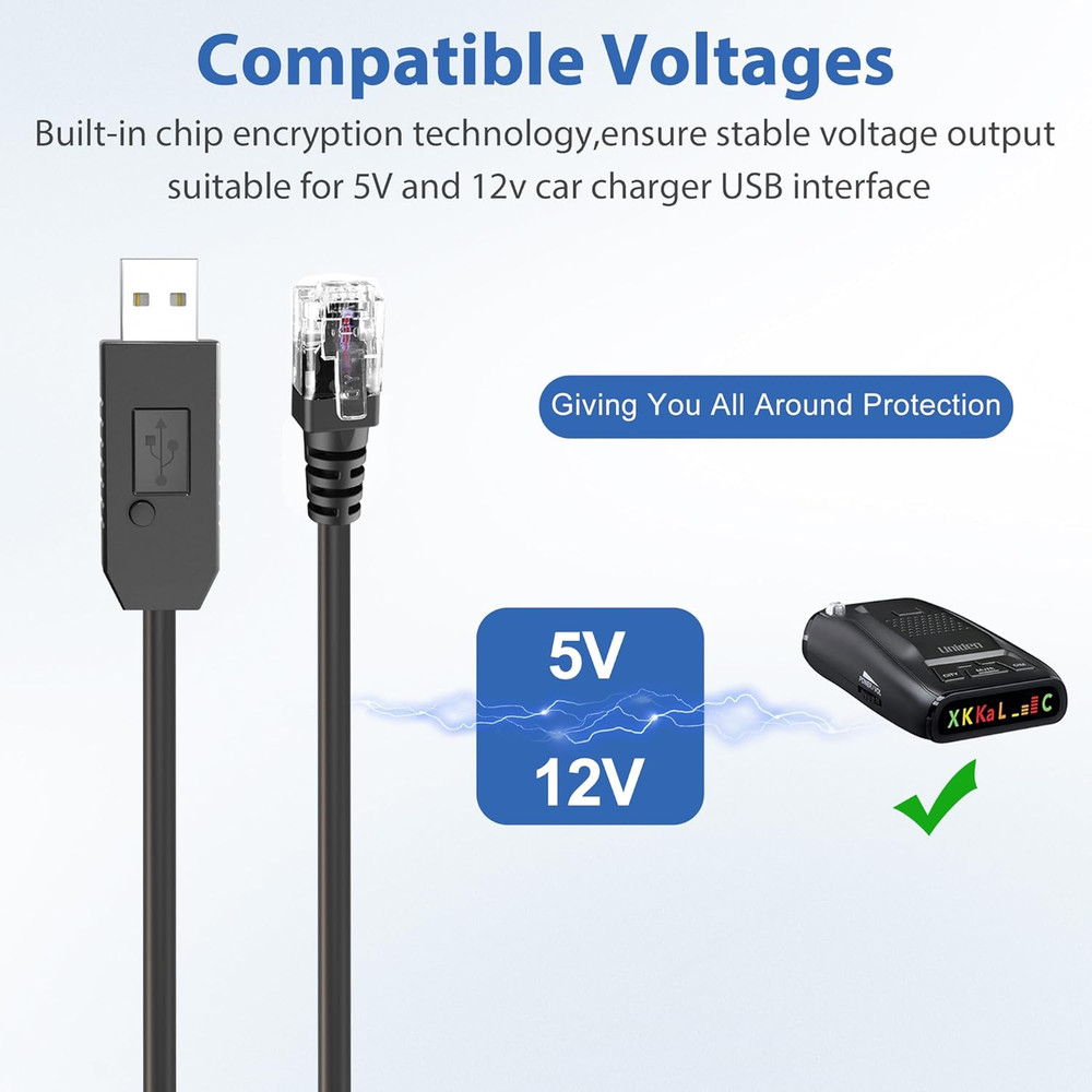 Radar Detector Cable, USB to RJ11 Plug Power Cord with Mute Function,Replacement
