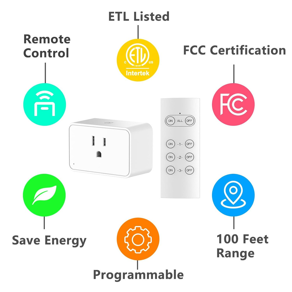 Wireless Electrical Outlets with Remote Control, 1875W/15A, 100FT Range, ETL Lis