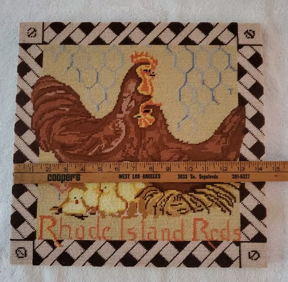 VTG ELSA WILLIAMS Completed Needlepoint RHODE ISLAND REDS chickens Framed